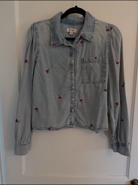 Kensie Light Blue Chambray Shirt with Red Cherry Embroidery